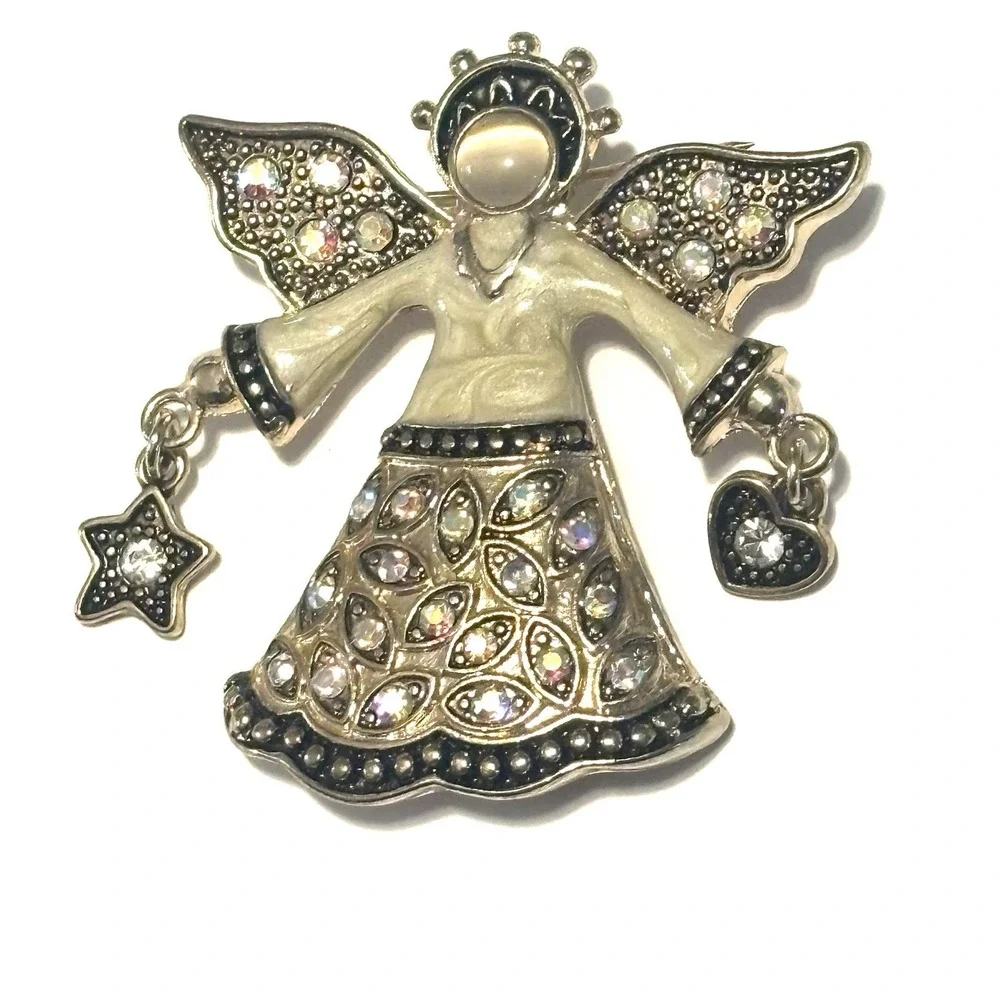KC Angel Brooch Silver Tone Enamel Rhinestone Dangle Star Heart Cat Eye Cabochon